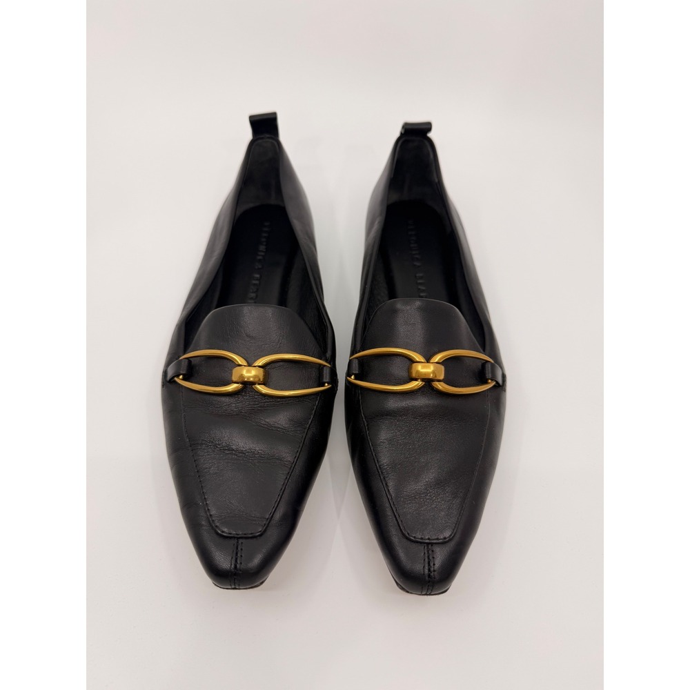 Veronica Beard Black Leather Pointed Toe Chain Link Loafers Womens 6M Flat Shoes